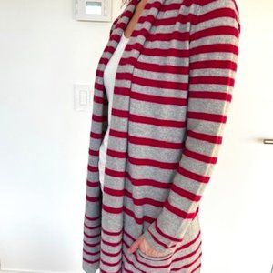Black Goat Cashmere long cardigan, size M, light grey with fuschia stripes